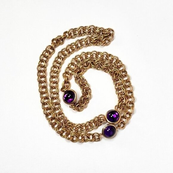 VTG Chunky Long Chain Necklace Three Stone Cabochon Amethyst 18K Gold Plated - Picture 8 of 10